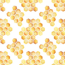  Watercolor Seamless Pattern With Bee Honeycombs.