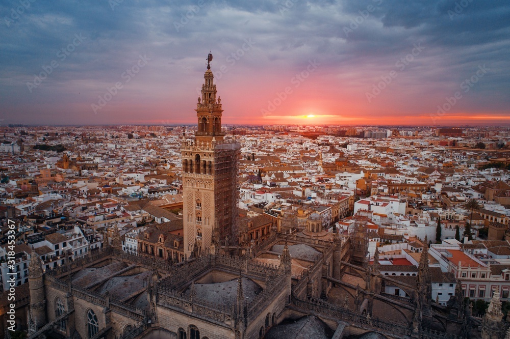 Seville Cathedral aerial view sunrise - obrazy, fototapety, plakaty 
