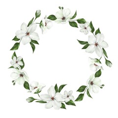 White design round frame. Wedding greenery banner. Apple flowers. Spring background for design