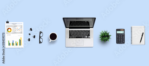 Cuadros en Lienzo Top view office desk and supplies, with copy space