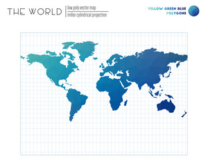  Vector map of the world. Miller cylindrical projection of the world. Yellow Green Blue colored polygons. Creative vector illustration.