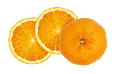 Two slices of sweet juicy orange fruit and a half isolated on white background