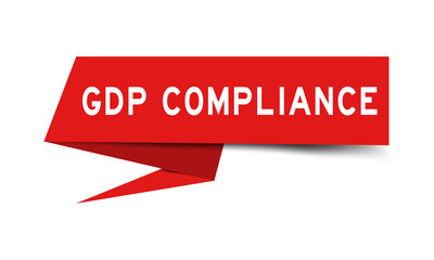 Sticker - Red color paper speech banner with word GDP (Good distribution practice) compliance on white background