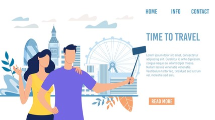 Wall Mural - Travel Agency, Startup, Online Service for Tourists Trendy Flat Vector Web Banner, Landing Page Template. Happy Couple, Newlyweds Making Selfie Photos on Background of London Attractions Illustration