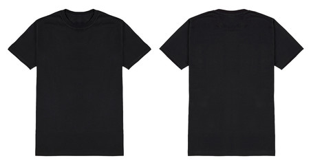 black t shirt front and back view, isolated on white background. ready for your mock up design templ
