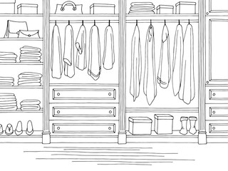 Wardrobe room graphic black white home interior sketch illustration vector