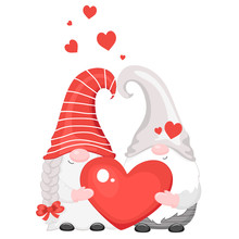 Cute Cartoon Valentine Gnomes With Hearts.