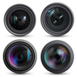 © ONYXprj - Optical lens realistic. Photo camera digital zoom aim photo reflection detail macro equipment vector collection. Illustration focus camera, lens equipment set