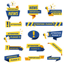 Important Badges. Attention Notice Announcement Stickers Vector Collection Stylized Promotional Graphics. Important Caution Exclamation, Badge Message Importance Illustration