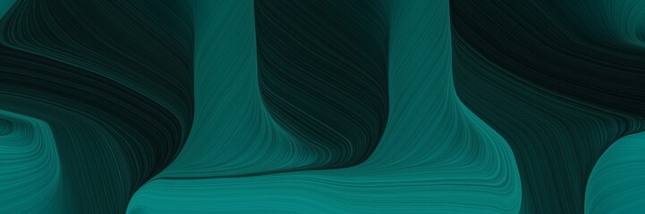 Poster - dynamic horizontal banner with very dark blue, very dark green and teal colors. dynamic curved lines with fluid flowing waves and curves