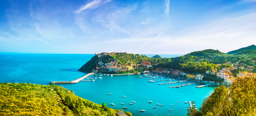 Porto Ercole village and harbor in a sea bay. Aerial view, Argentario, Tuscany, Italy