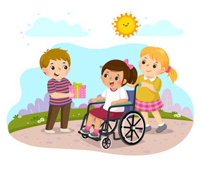 vector illustration of a boy giving a present to a little disabled girl in a wheelchair.