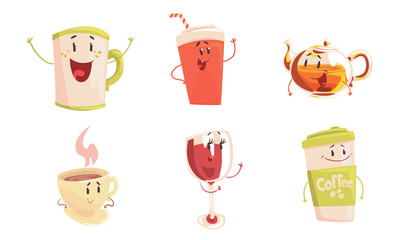 Canvas Print - Funny Drinks Cartoon Characters Collection, Cola, Tea, Coffee Cup, Wine Glass Cute Beverages, Cafe, Restaurant Menu Design Element Vector Illustration