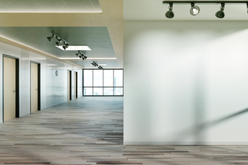 Aufkleber - Blank wall in office mockup with large windows and sun passing through 3D rendering