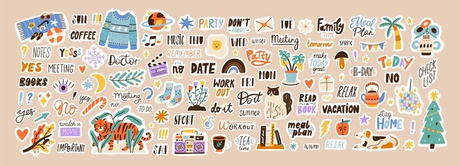set of weekly or daily planner and diaries vector flat illustration. cute sticker template decorated