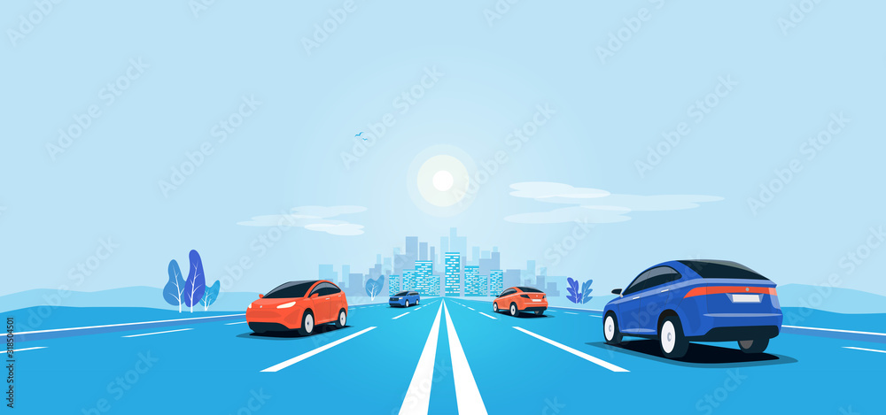 Traffic on the highway panoramic perspective horizon vanishing point view. Flat vector cartoon style illustration urban landscape motorway with cars, skyline city buildings and road going to the city. - obrazy, fototapety, plakaty 