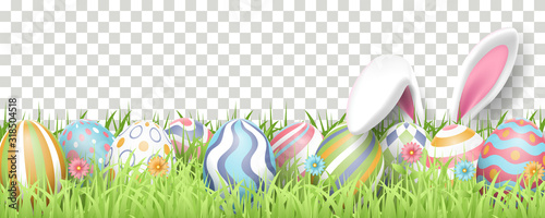 Happy Easter background with realistic painted eggs, grass, flowers, and rabbit ears Wallpaper Mural