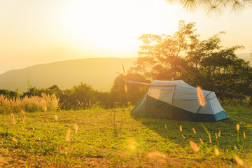 tourist tent on among meadow in the sunset overlooking mountains. outdoors camping