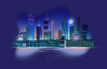 Wall Mural - Night city panorama with neon glow on blue background. Vector.