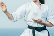 Close up photo of unknown female karate athlete preparing to attack