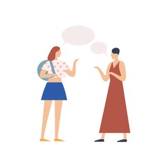 Poster - Two young girl gossiping with speech bubble vector flat illustration. People chatting each other isolated on white background. Conversation of casual trendy woman