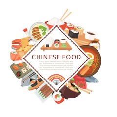 Wall Mural - Chinese asian food ethnic menu banner vector illustration. Asian dinner dish plate. Traditional spicy appetizer snack poster. China cooking market or food festival. Dim sum, sushi and chinese cuisine.