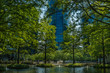 zielony park przy placu europejskim w Warszawie w tle szklany wierzowiec