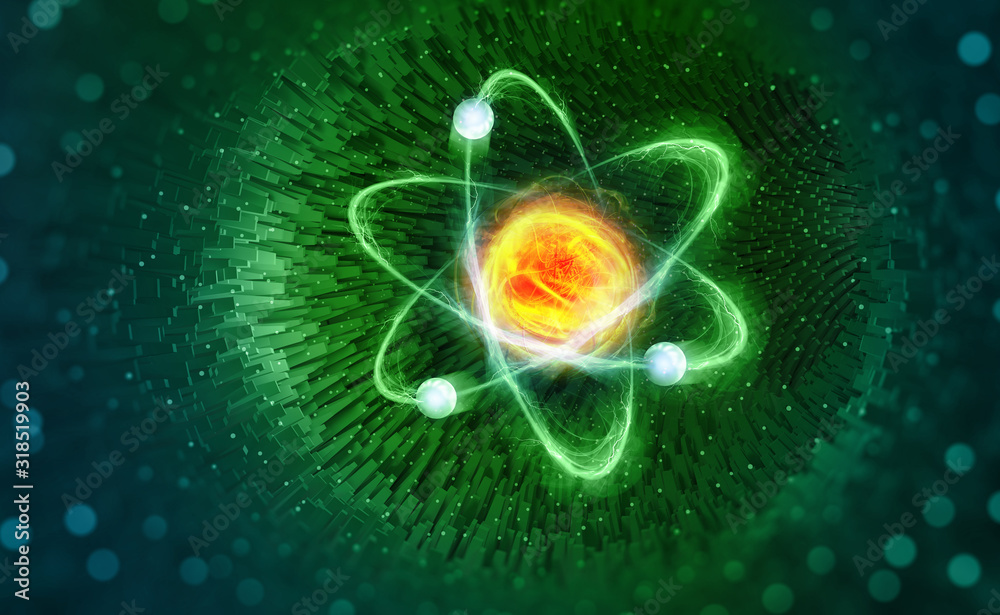 Nuclear physics. Scientific concept. Genious idea. Breakthrough research. 3D illustration of an atom on nanotechnology background - obrazy, fototapety, plakaty 