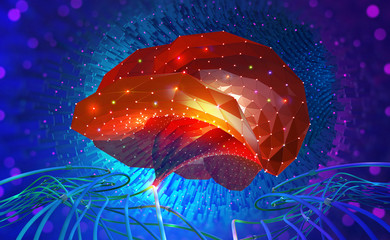 Poster - Brain. Cyber mind and Digital Neural Networks. Artificial intelligence in civilization of future. Fantastic 3D illustration