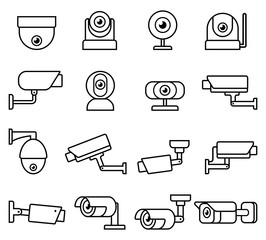 cctv camera line icons set.