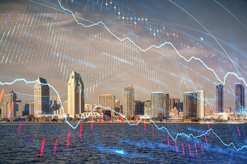 Forex chart on cityscape with skyscrapers wallpaper multi exposure. Financial research concept.