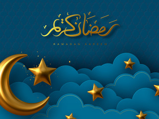 Wall Mural - Ramadan Kareem vector illustration with 3d golden metal crescent, stars and paper cut clouds. Handwritten Arabic calligraphy means Ramadan Kareem. Blue traditional background for Muslim holy month.