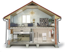 House Cross Section, View On Bathroom, Kitchen And Living Room, 3d Illustration