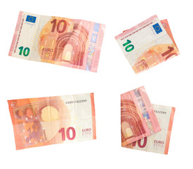 Set of ten euro banknote on white background.