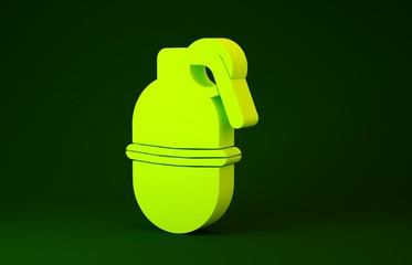 Wall Mural - Yellow Hand grenade icon isolated on green background. Bomb explosion. Minimalism concept. 3d illustration 3D render