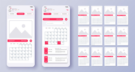 Poster - different ui, ux, gui screens calendar app and flat web icons for mobile apps. 2020 calendar, print 