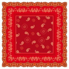 Wall Mural - bright red shawl with flowers and paisley in ornamental frame. fashion bandana print.