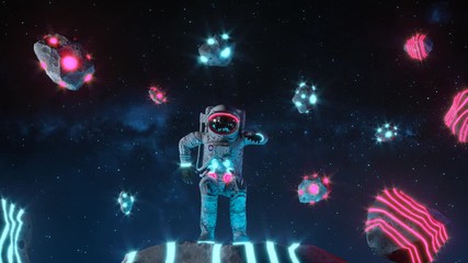 Wall Mural - Funny Dancing Astronaut With Neon Light Asteroids In Space. Space Background. Retro Dance Party. Seamless Loop