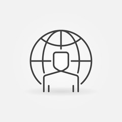 Poster - Man with Earth globe vector concept icon or sign in thin line style