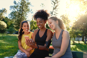 Poster - Diverse sporty young female friends sitting together on bench looking at mobile phone in the park at morning - happy fitness friends smiling and looking at a mobile phone 