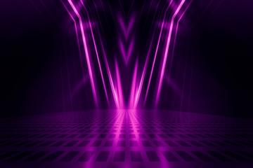 Aufkleber - Abstract dark background with purple neon glow. Neon luminous figure in the center of the stage. Light lines on a dark background, smoke, smog
