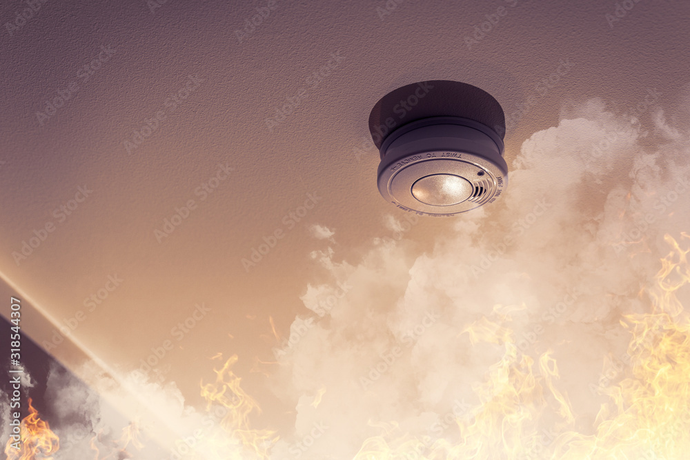 home safety - smoke detector on ceiling detecting house fire - obrazy, fototapety, plakaty 