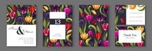 Botanical Wedding Invitation Card Template Design, With Multi-colored Tulips Flowers Leaves And Petals. Collection Of Save The Date And RSVP In Vector EPS Format. Greeting Card, Party Poster, Template