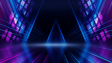 Aufkleber - Abstract dark background with blue and pink neon glow. Neon luminous figure in the center of the stage. Light lines on a dark background, smoke, smog