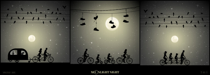 Sticker - Set of vector illustration with silhouettes of people on road trip on moonlit night. Family on bikes under shoes on wires. Lovers on bike tandem under birds on wires. Full moon in starry sky