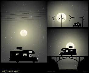 Sticker - Set of vector illustration with silhouette of man traveling in camper on moonlit night. Retro car on road, between windmills, on bridge. Road trip. Full moon in starry sky