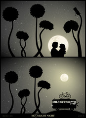 Sticker - Set of vector illustration with silhouettes of people and dandelions on moonlit night. Lovers and flowers. Family traveling in retro camper. Full moon in starry sky