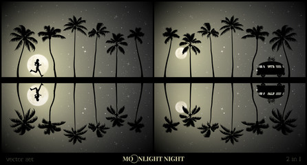 Poster - Set of vector illustration with palm beach silhouette on moonlit night. Running girl between trees. Retro car on road. Summer beach sport. Full moon in starry sky