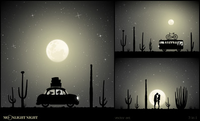 Sticker - Set of vector illustration with silhouettes of people and retro cars on moonlit night. Camper between cactuses. Lovers in park. Landscape with cacti. Family road trip. Full moon in starry sky