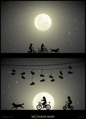 Sticker - set of vector illustration with silhouettes of boy and girl on bikes on moonlit night. children on b